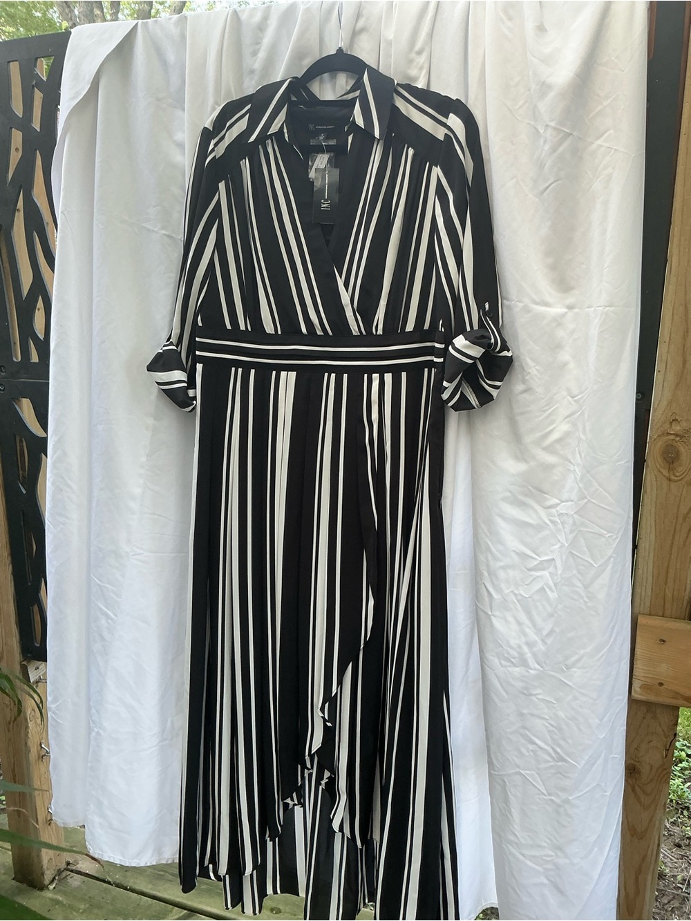 INC International Concepts Black and White Striped Midi Wrap Dress